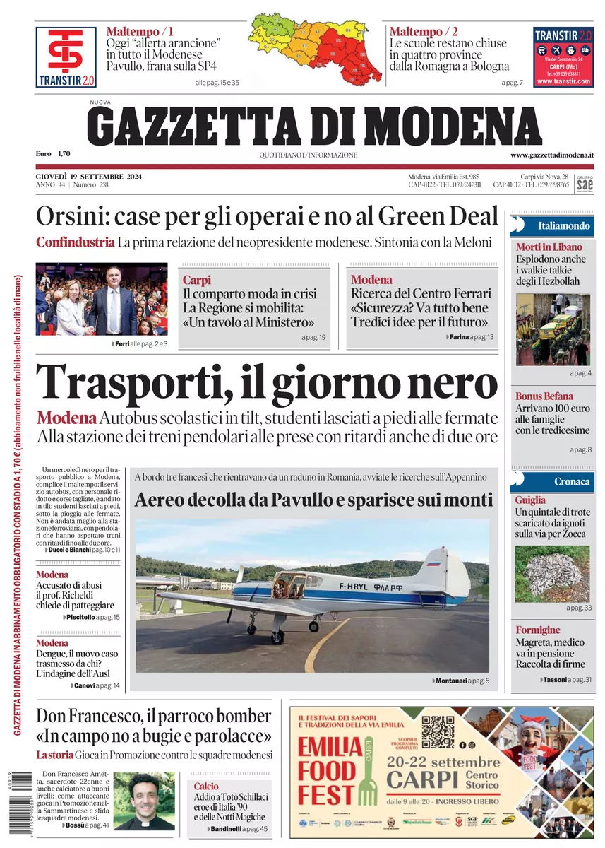 Prima-pagina-gazzetta di modena-oggi-edizione-del-2024-09-19